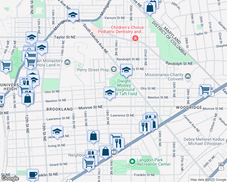 map of restaurants, bars, coffee shops, grocery stores, and more near 1821 Otis Street Northeast in Washington
