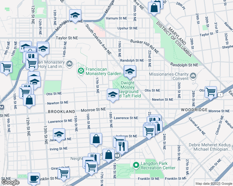 map of restaurants, bars, coffee shops, grocery stores, and more near 1821 Otis Street Northeast in Washington