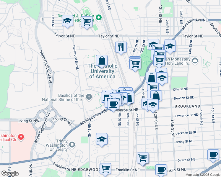 map of restaurants, bars, coffee shops, grocery stores, and more near 620 Michigan Avenue Northeast in Washington
