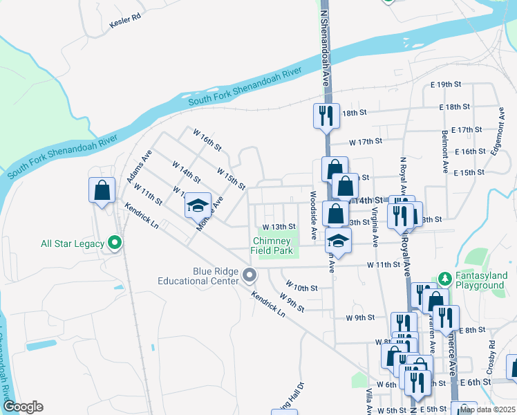 map of restaurants, bars, coffee shops, grocery stores, and more near 514 West 14th Street in Front Royal