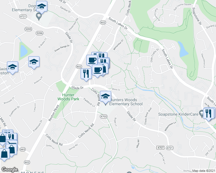 map of restaurants, bars, coffee shops, grocery stores, and more near 11827 Breton Court in Reston