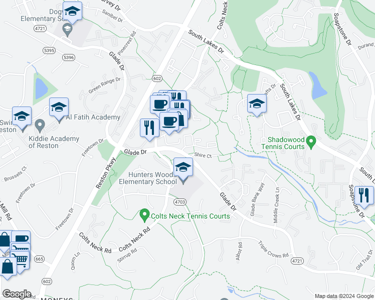 map of restaurants, bars, coffee shops, grocery stores, and more near 11827 Breton Court in Reston