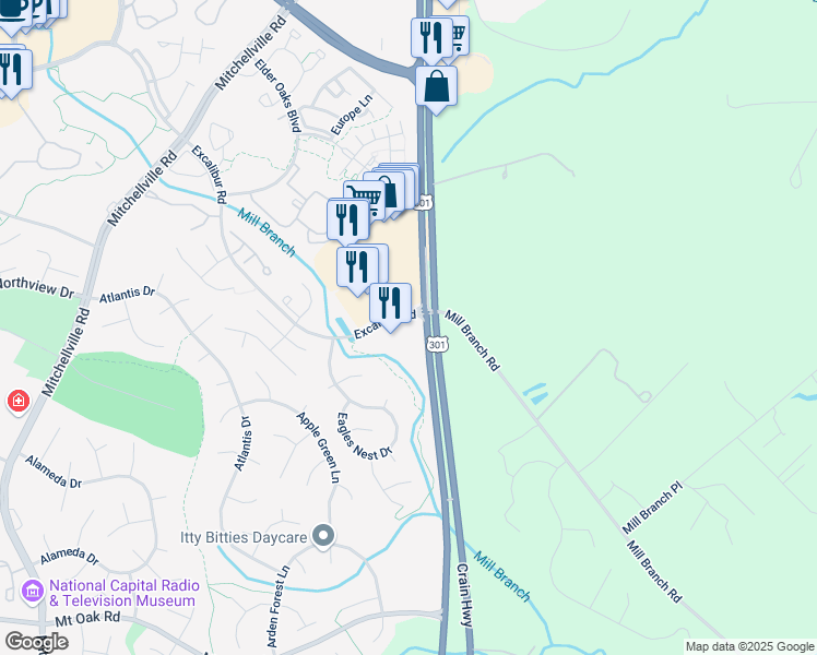 map of restaurants, bars, coffee shops, grocery stores, and more near 16481 Excalibur Road in Bowie
