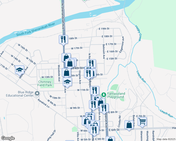 map of restaurants, bars, coffee shops, grocery stores, and more near 1314 North Royal Avenue in Front Royal