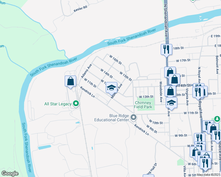 map of restaurants, bars, coffee shops, grocery stores, and more near 720 West 13th Street in Front Royal