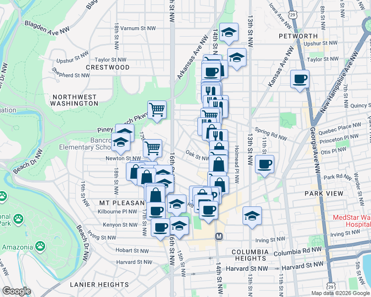 map of restaurants, bars, coffee shops, grocery stores, and more near 3520 Center Street Northwest in Washington