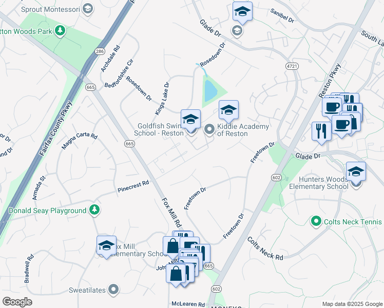 map of restaurants, bars, coffee shops, grocery stores, and more near 2445 Arctic Fox Way in Reston