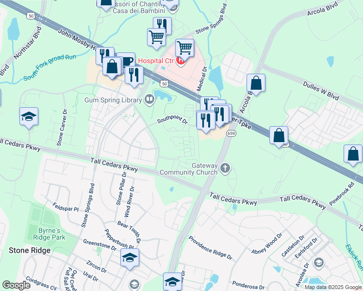 map of restaurants, bars, coffee shops, grocery stores, and more near 24677 Lynette Springs Terrace in Aldie