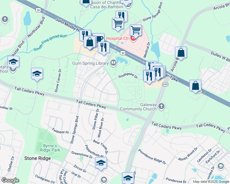 map of restaurants, bars, coffee shops, grocery stores, and more near 24671 Clock Tower Square in Stone Ridge