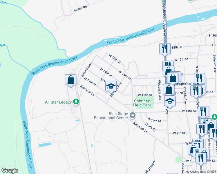 map of restaurants, bars, coffee shops, grocery stores, and more near 722 West 13th Street in Front Royal