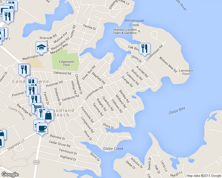 map of restaurants, bars, coffee shops, grocery stores, and more near 1604 Midland Road in Edgewater