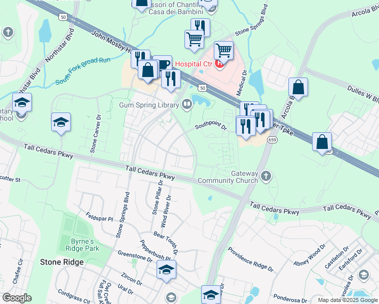 map of restaurants, bars, coffee shops, grocery stores, and more near 24671 Clock Tower Square in Stone Ridge