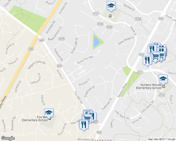 map of restaurants, bars, coffee shops, grocery stores, and more near 2445 Arctic Fox Way in Reston