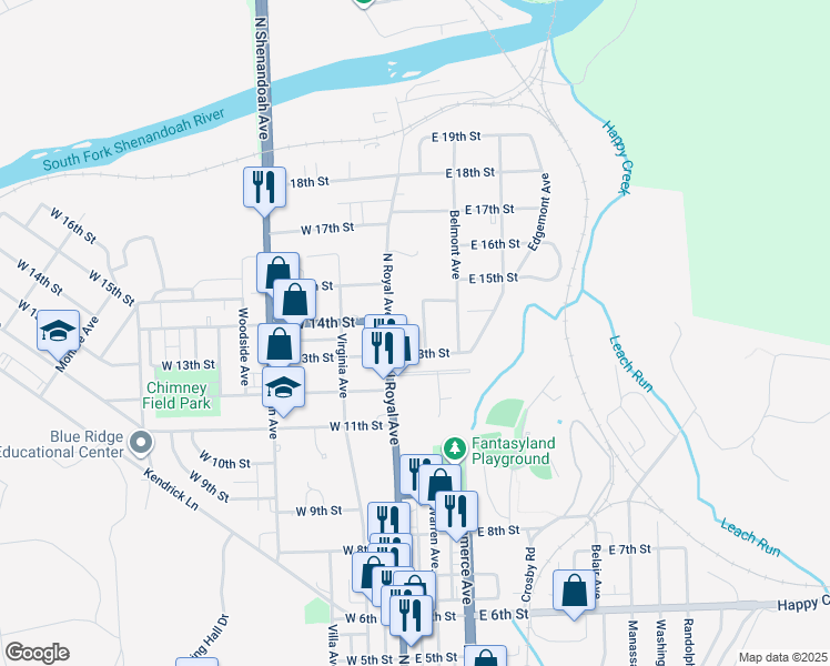 map of restaurants, bars, coffee shops, grocery stores, and more near 1320 Warren Avenue in Front Royal