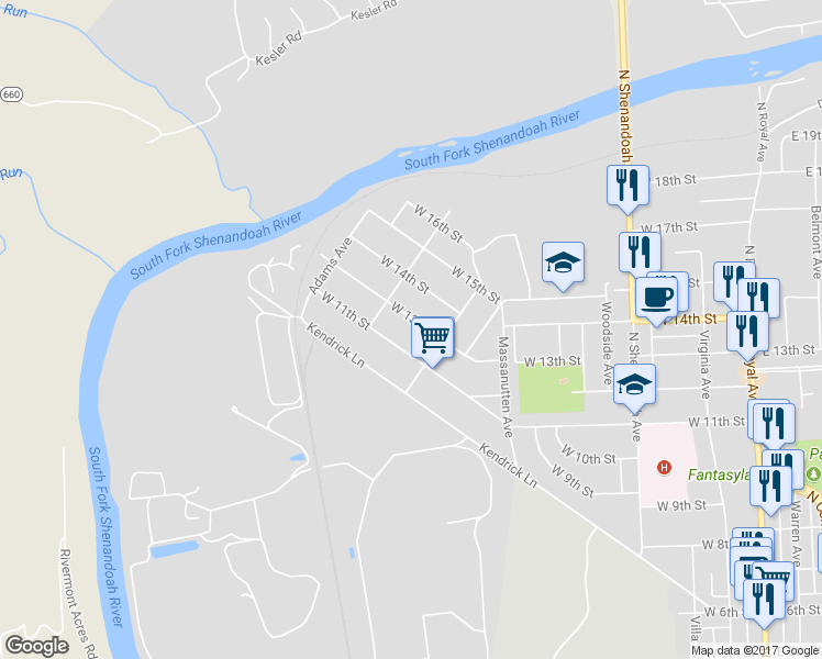 map of restaurants, bars, coffee shops, grocery stores, and more near 726 West 13th Street in Front Royal