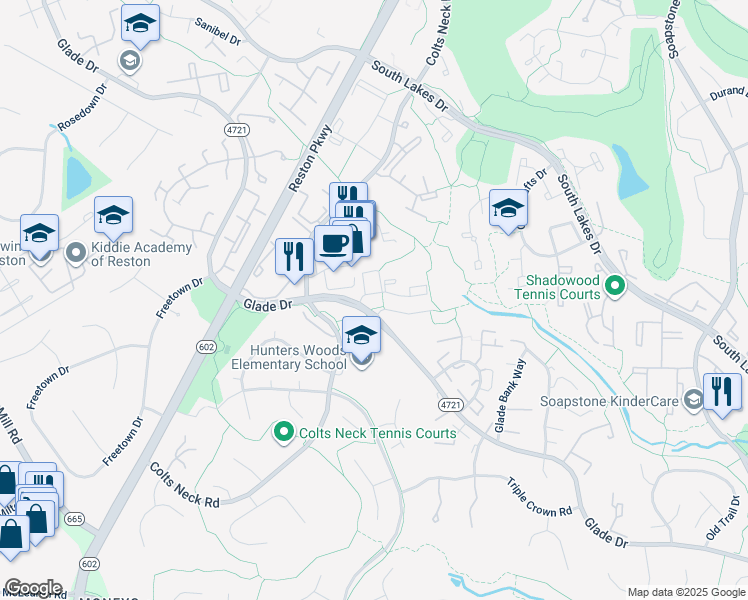map of restaurants, bars, coffee shops, grocery stores, and more near 11825 Breton Court in Reston