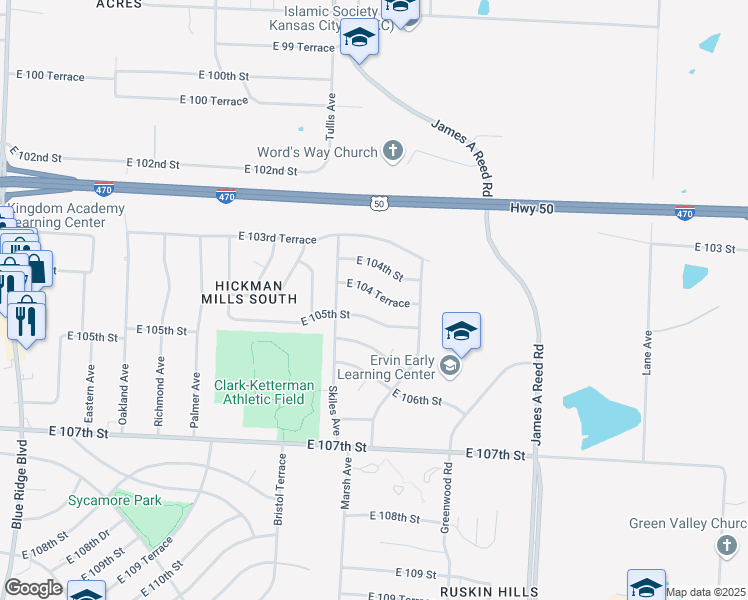 map of restaurants, bars, coffee shops, grocery stores, and more near 8313 East 104 Terrace in Kansas City