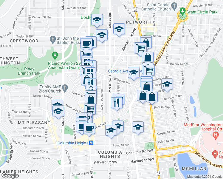 map of restaurants, bars, coffee shops, grocery stores, and more near 3609 13th Street Northwest in Washington