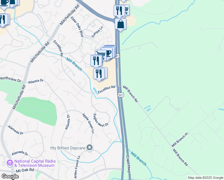 map of restaurants, bars, coffee shops, grocery stores, and more near 16481 Excalibur Road in Bowie