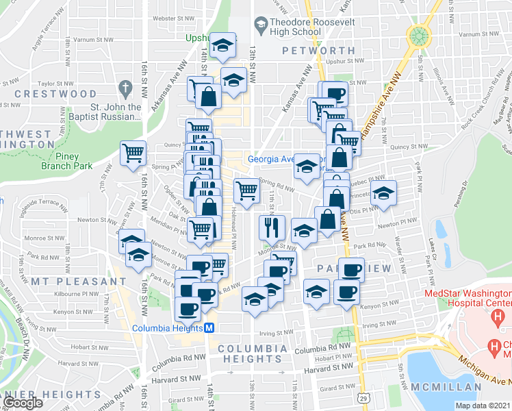 map of restaurants, bars, coffee shops, grocery stores, and more near 3609 13th Street Northwest in Washington