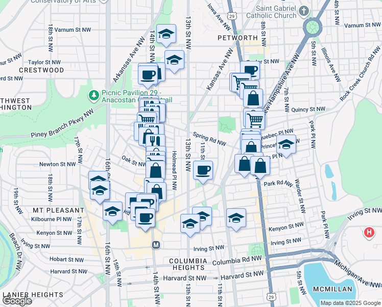 map of restaurants, bars, coffee shops, grocery stores, and more near 3609 13th Street Northwest in Washington