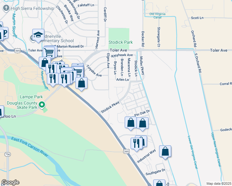 map of restaurants, bars, coffee shops, grocery stores, and more near 1330 Stodick Parkway in Gardnerville