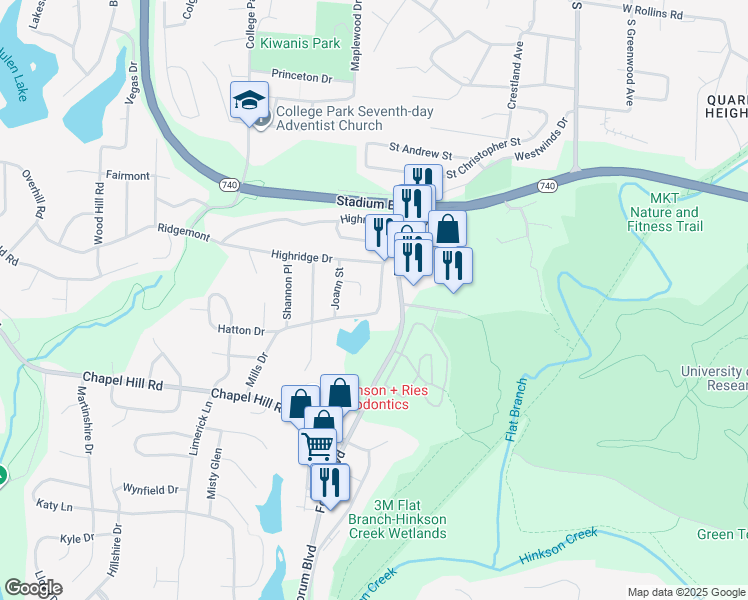map of restaurants, bars, coffee shops, grocery stores, and more near 1401 Forum Boulevard in Columbia