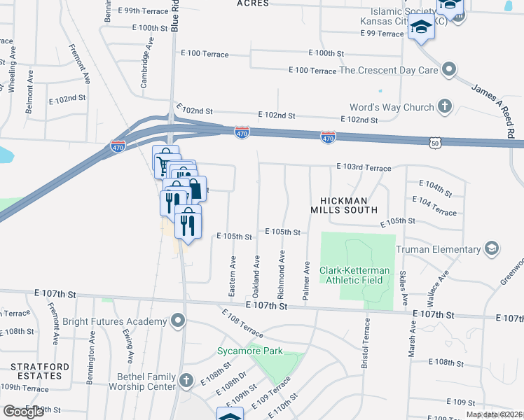 map of restaurants, bars, coffee shops, grocery stores, and more near 10405 Oakland Avenue in Kansas City