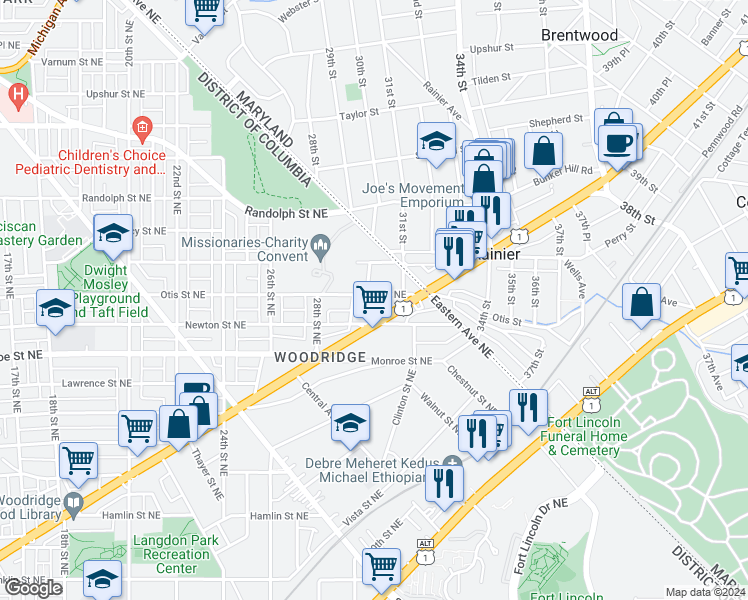 map of restaurants, bars, coffee shops, grocery stores, and more near 3009 Otis Street Northeast in Washington