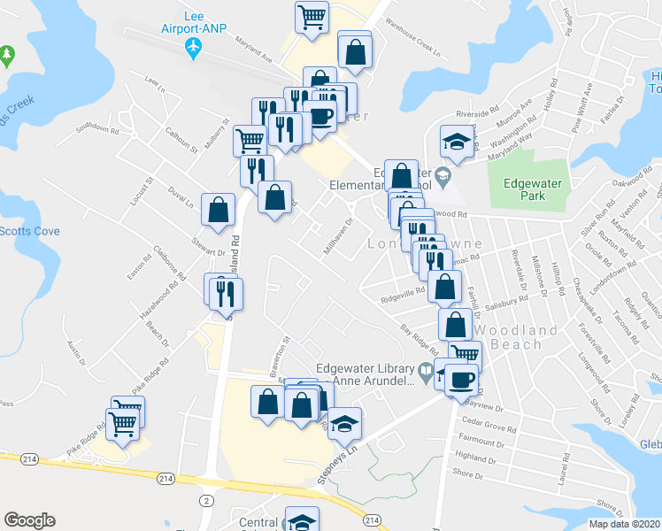 map of restaurants, bars, coffee shops, grocery stores, and more near 260 Braxton Way in Edgewater