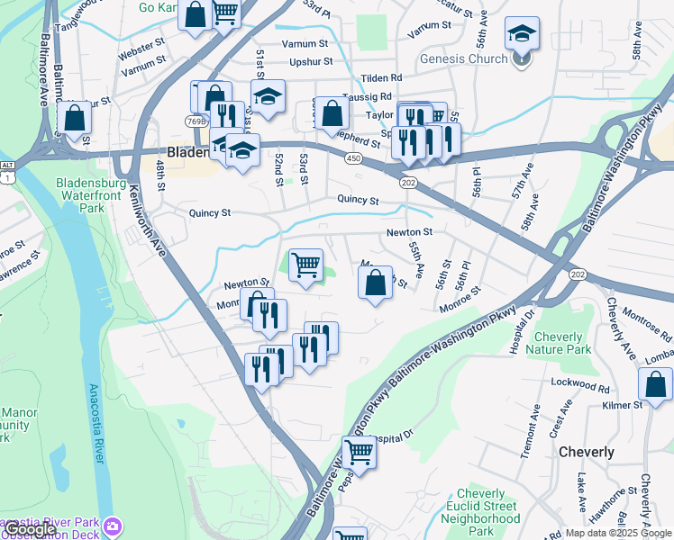 map of restaurants, bars, coffee shops, grocery stores, and more near 5219 Newton Street in Bladensburg