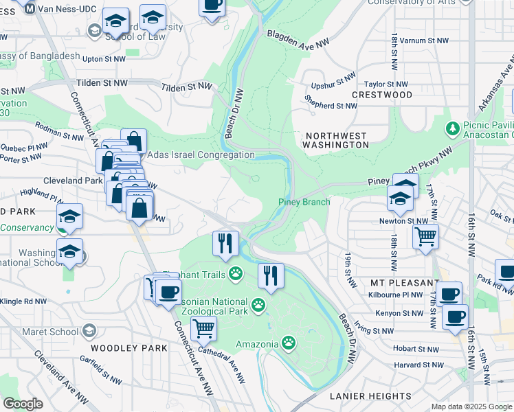 map of restaurants, bars, coffee shops, grocery stores, and more near 2325 Porter Street Northwest in Washington