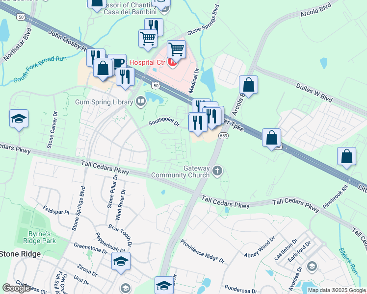 map of restaurants, bars, coffee shops, grocery stores, and more near 24588 Byrne Meadow Square in Aldie