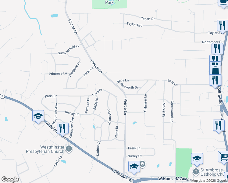map of restaurants, bars, coffee shops, grocery stores, and more near 5000 Pierce Lane in Godfrey