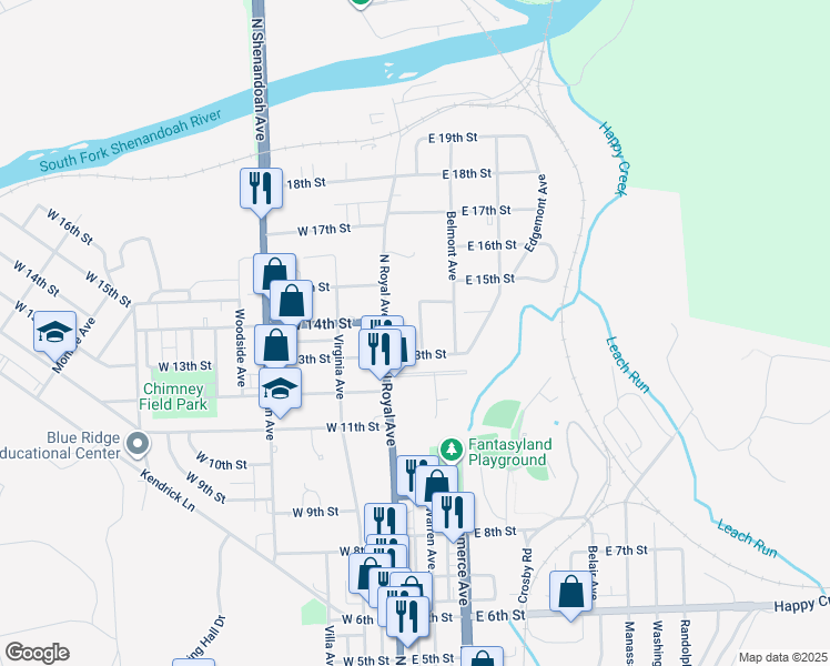 map of restaurants, bars, coffee shops, grocery stores, and more near 1320 Warren Avenue in Front Royal