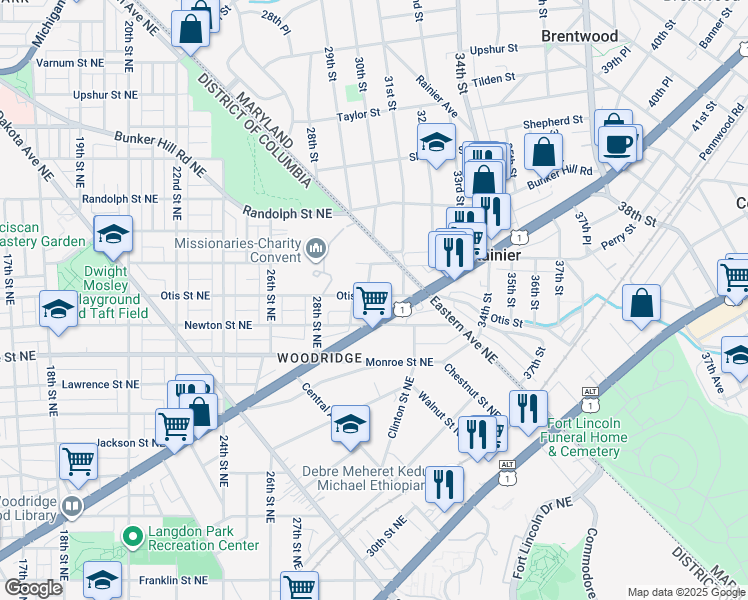 map of restaurants, bars, coffee shops, grocery stores, and more near 3009 Otis Street Northeast in Washington