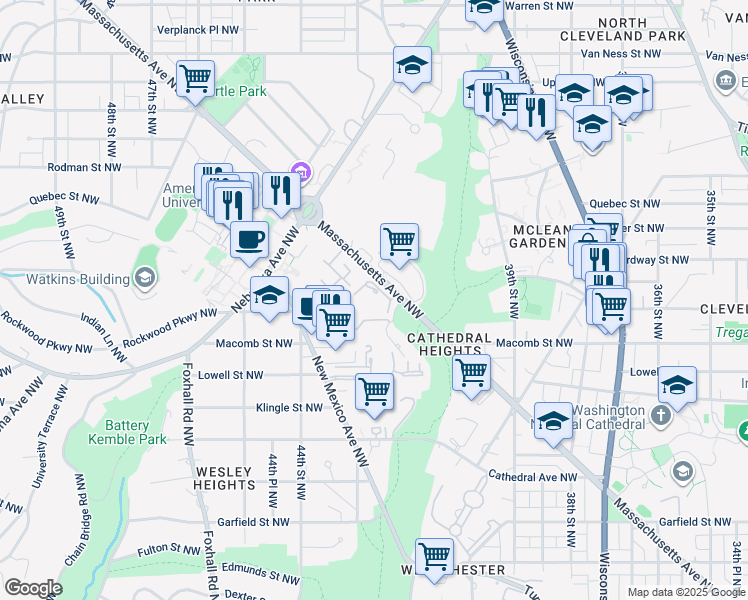 map of restaurants, bars, coffee shops, grocery stores, and more near 4200 Massachusetts Avenue Northwest in Washington