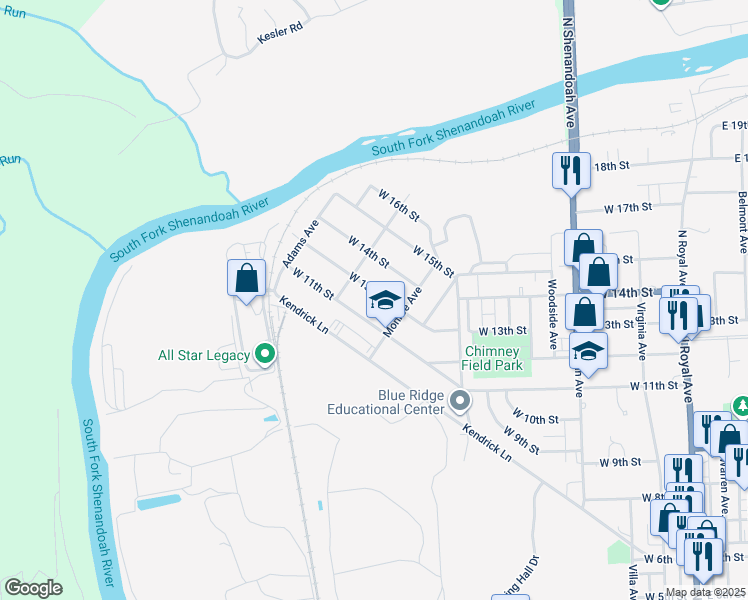 map of restaurants, bars, coffee shops, grocery stores, and more near 726 West 13th Street in Front Royal