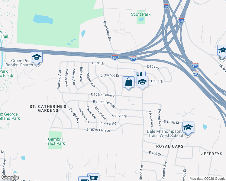 map of restaurants, bars, coffee shops, grocery stores, and more near 10538 Cleveland Avenue in Kansas City
