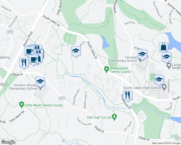 map of restaurants, bars, coffee shops, grocery stores, and more near 2255 Wheelwright Court in Reston