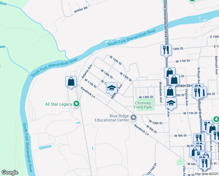 map of restaurants, bars, coffee shops, grocery stores, and more near 722 West 13th Street in Front Royal
