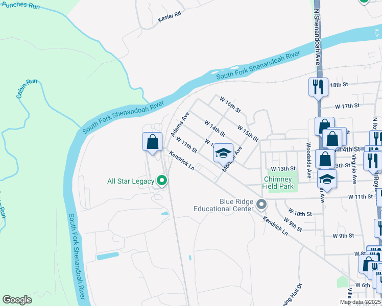map of restaurants, bars, coffee shops, grocery stores, and more near 804 West 11th Street in Front Royal