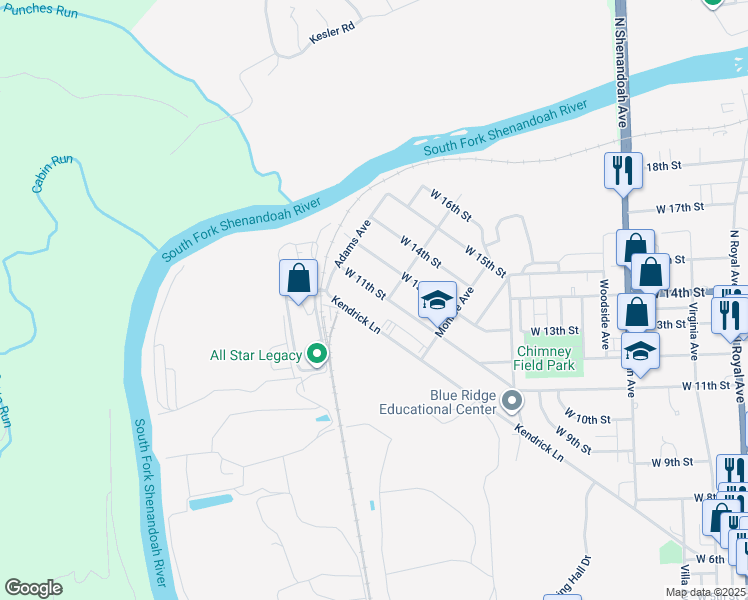 map of restaurants, bars, coffee shops, grocery stores, and more near 804 West 11th Street in Front Royal