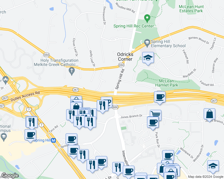 map of restaurants, bars, coffee shops, grocery stores, and more near 1348 Spring Hill Road in McLean
