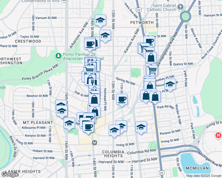 map of restaurants, bars, coffee shops, grocery stores, and more near 3606 13th Street Northwest in Washington