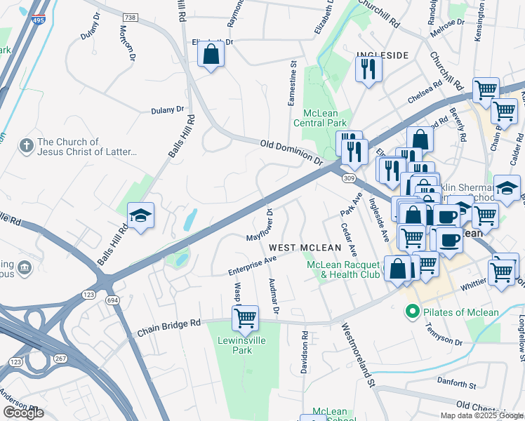 map of restaurants, bars, coffee shops, grocery stores, and more near 1400 Mayflower Drive in McLean