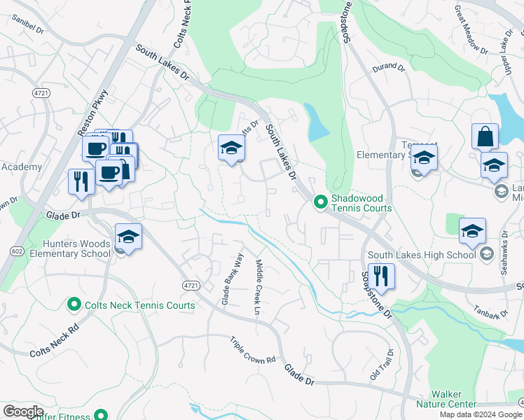 map of restaurants, bars, coffee shops, grocery stores, and more near 2256 Wheelwright Court in Reston