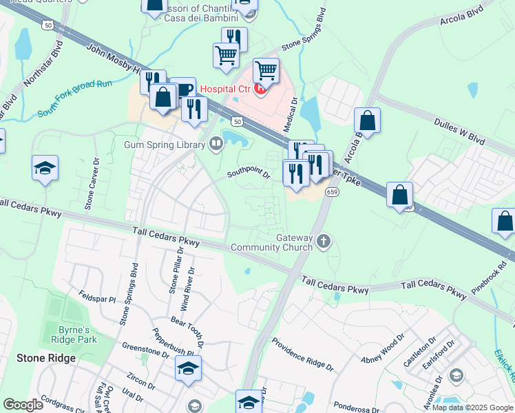 map of restaurants, bars, coffee shops, grocery stores, and more near 24663 Byrne Meadow Square in Aldie