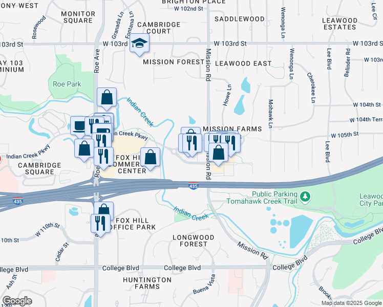 map of restaurants, bars, coffee shops, grocery stores, and more near 4030 Indian Creek Parkway in Overland Park