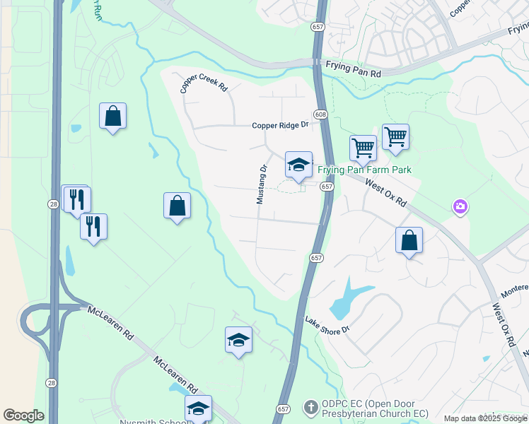 map of restaurants, bars, coffee shops, grocery stores, and more near 2731 Mustang Drive in Herndon